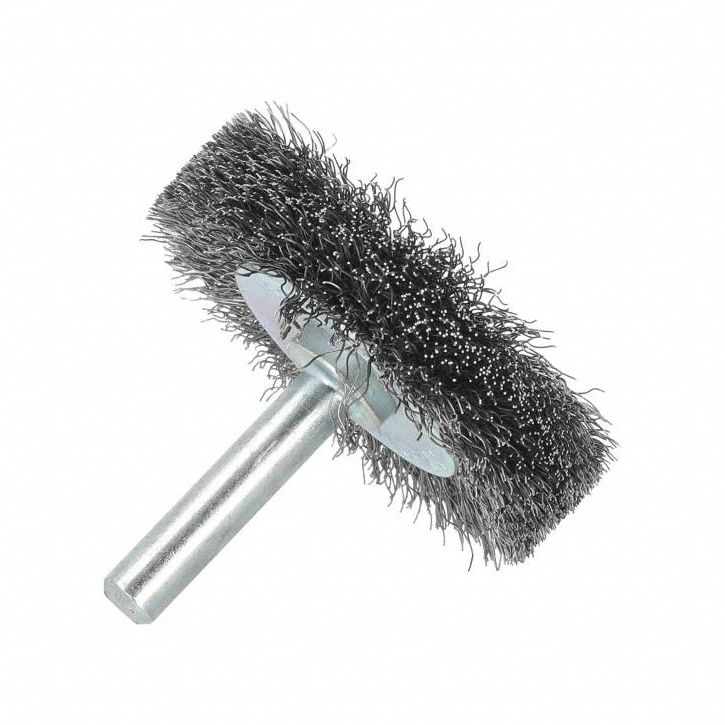 Wire Wheel Brush: Crimped Steel, 2" Dia x 3/8" Wd, 1/4" Shank, 0.008" Fill
