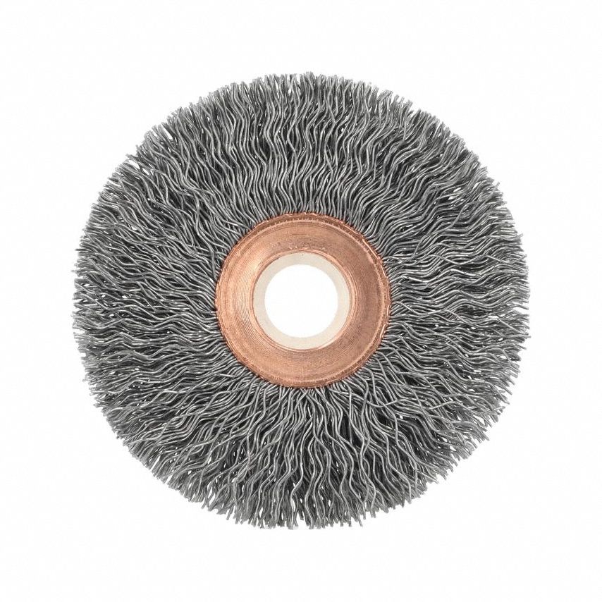 Wire Wheel Brush: Crimped Steel, 2 1/2" Dia x 1/2" Wd, 1/2" to 3/8" Arbor