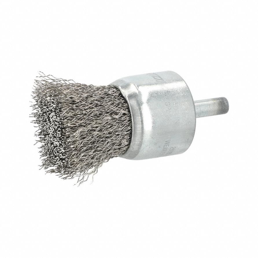 End Brush: Crimped Stainless Steel, 1 1/8 in Dia, 0.012 in Fill Dia, 1/4 in Shank