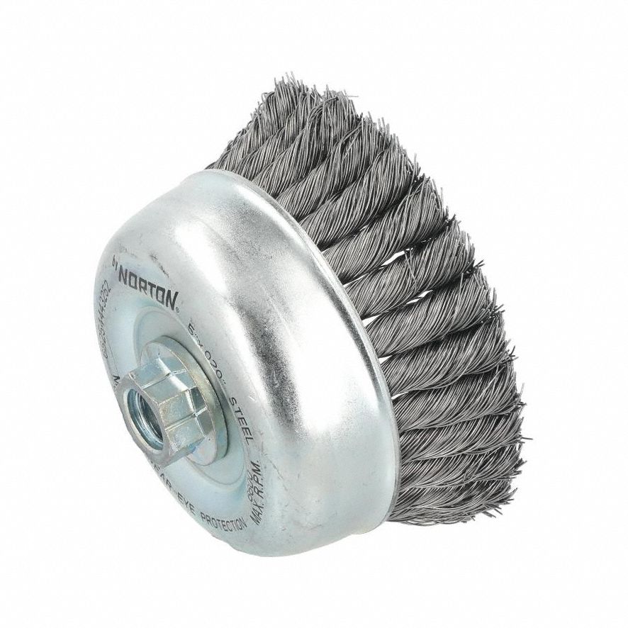 Cup Brush: Twisted Steel, 5 in Dia, 0.02 in Fill Dia, 5/8"-11 Arbor