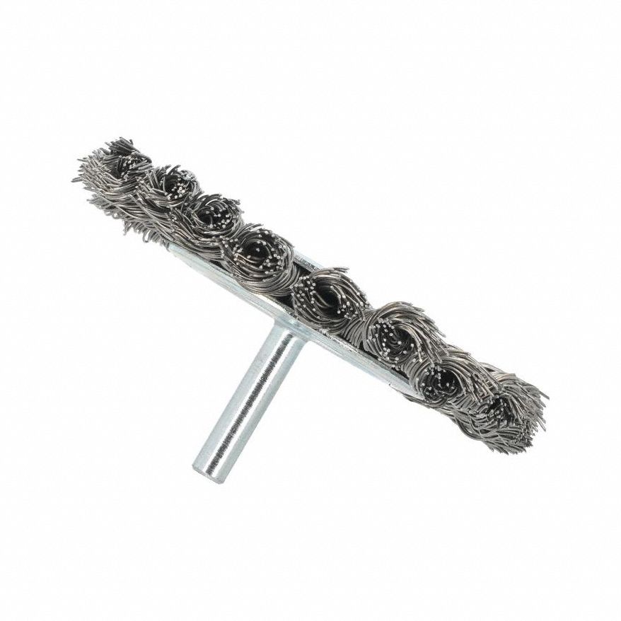 Wire Wheel Brush: Twisted Steel, 3" Dia x 3/8" Wd, 1/4" Shank, 0.02" Fill