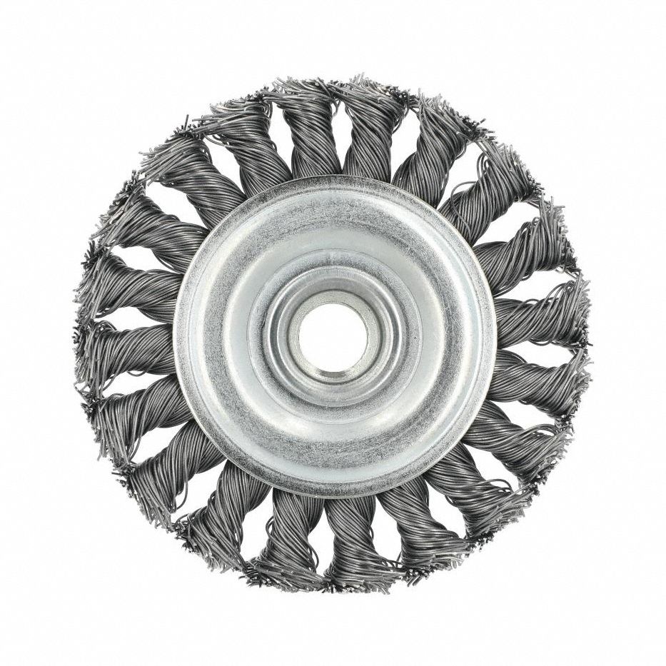 Wire Wheel Brush: Twisted Steel, 4 in Dia, 5/8"-11 Arbor, 0.02" Fill