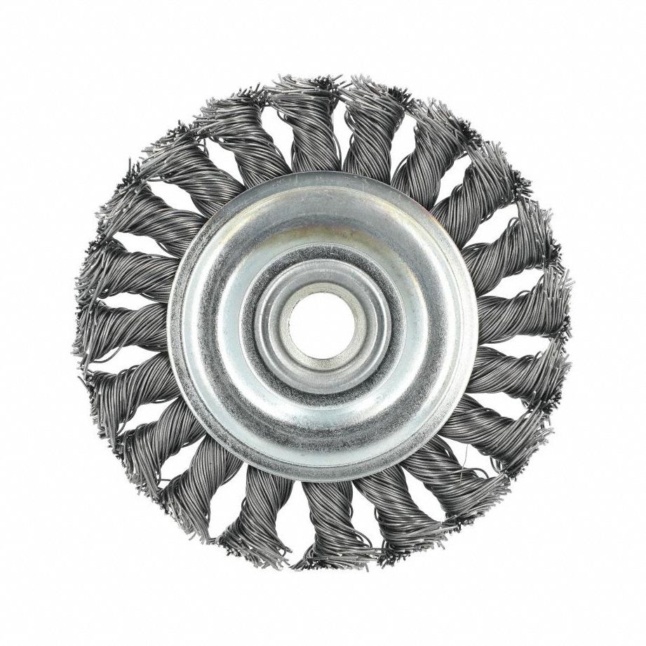 Wire Wheel Brush: Twisted Steel, 4 in Dia, 5/8"-11 Arbor, 0.02" Fill