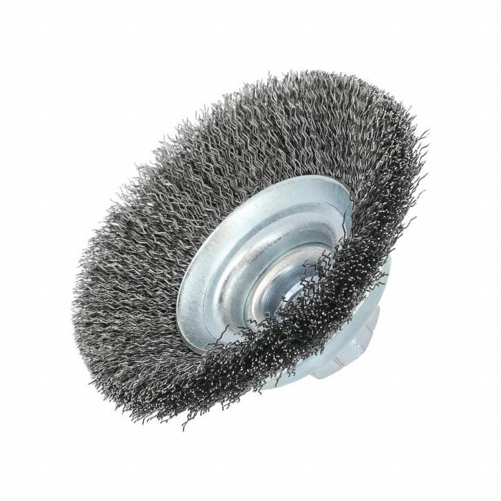 Wire Wheel Brush: Crimped Steel, 3 3/8 in Dia, 5/8"-11 Arbor, 0.014" Fill