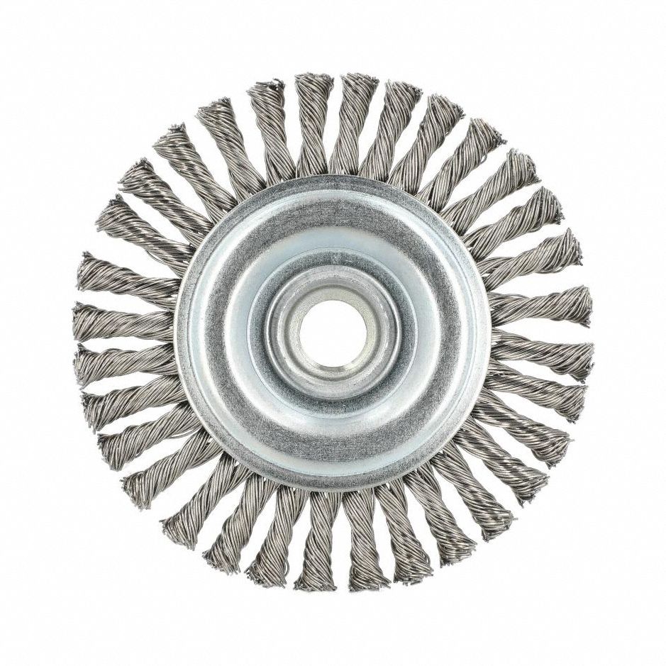 Wire Wheel Brush: Twisted Stainless Steel, 4 in Dia, 5/8"-11 Arbor, 0.02" Fill