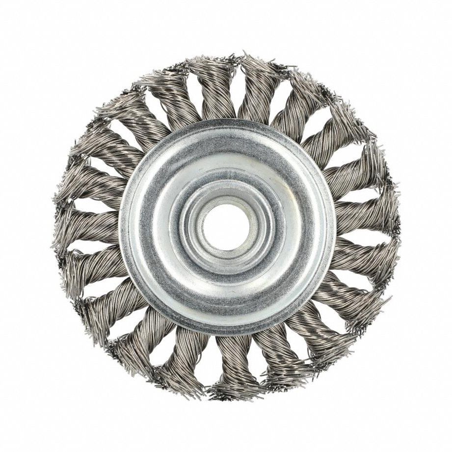 Wire Wheel Brush: Twisted Stainless Steel, 4 in Dia, 5/8"-11 Arbor, 0.02" Fill
