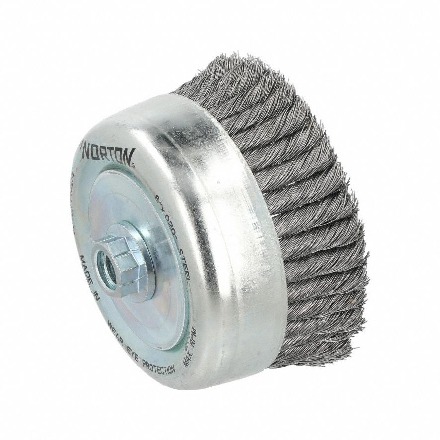 Cup Brush: Twisted Steel, 6 in Dia, 0.02 in Fill Dia, 5/8"-11 Arbor