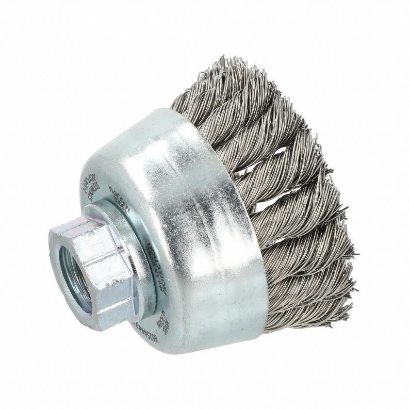 Cup Brush: Twisted Stainless Steel, 2 3/4 in Dia, 0.02 in Fill Dia, 5/8"-11 Arbor