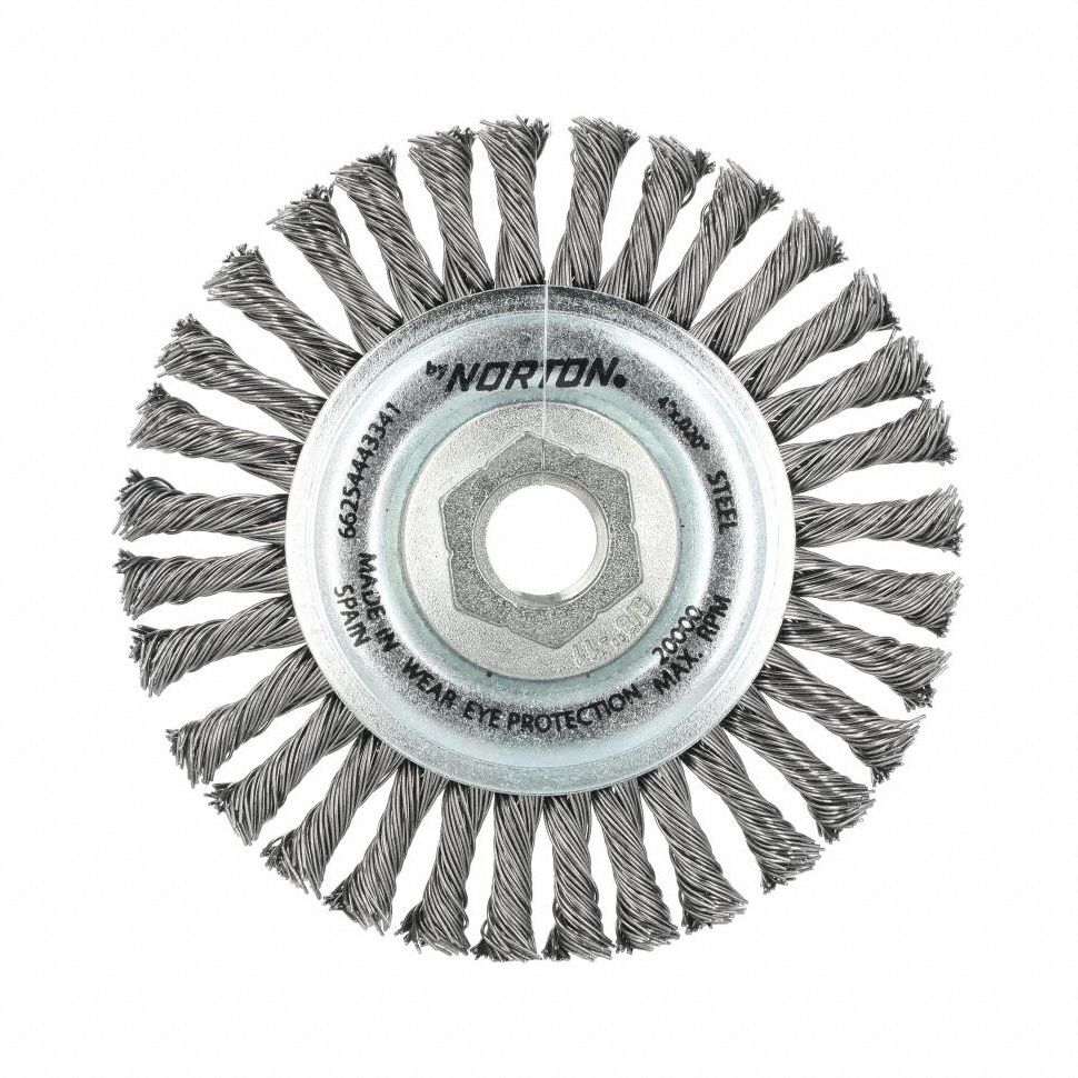 Wire Wheel Brush: Twisted Steel, 4" Dia x 1/4" Wd, 5/8"-11 Arbor, 0.02" Fill