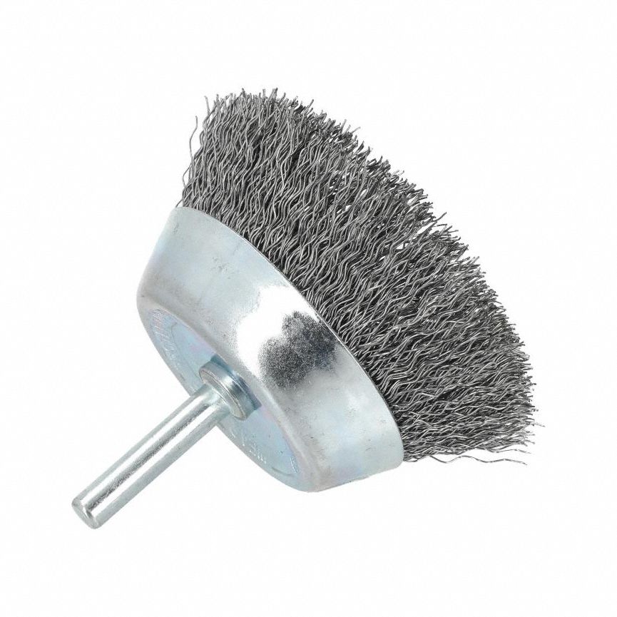 Cup Brush: Crimped Steel, 3 in Brush Dia, 1/4 in Shank, 0.012 in Fill Dia