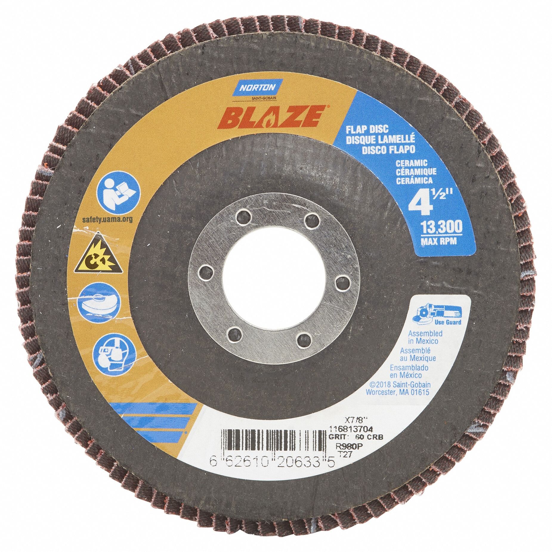 Flap Disc: Type 27, 4-1/2" x 7/8", Ceramic, 60 Grit, Fiberglass Bk, High Density, Blaze R980P