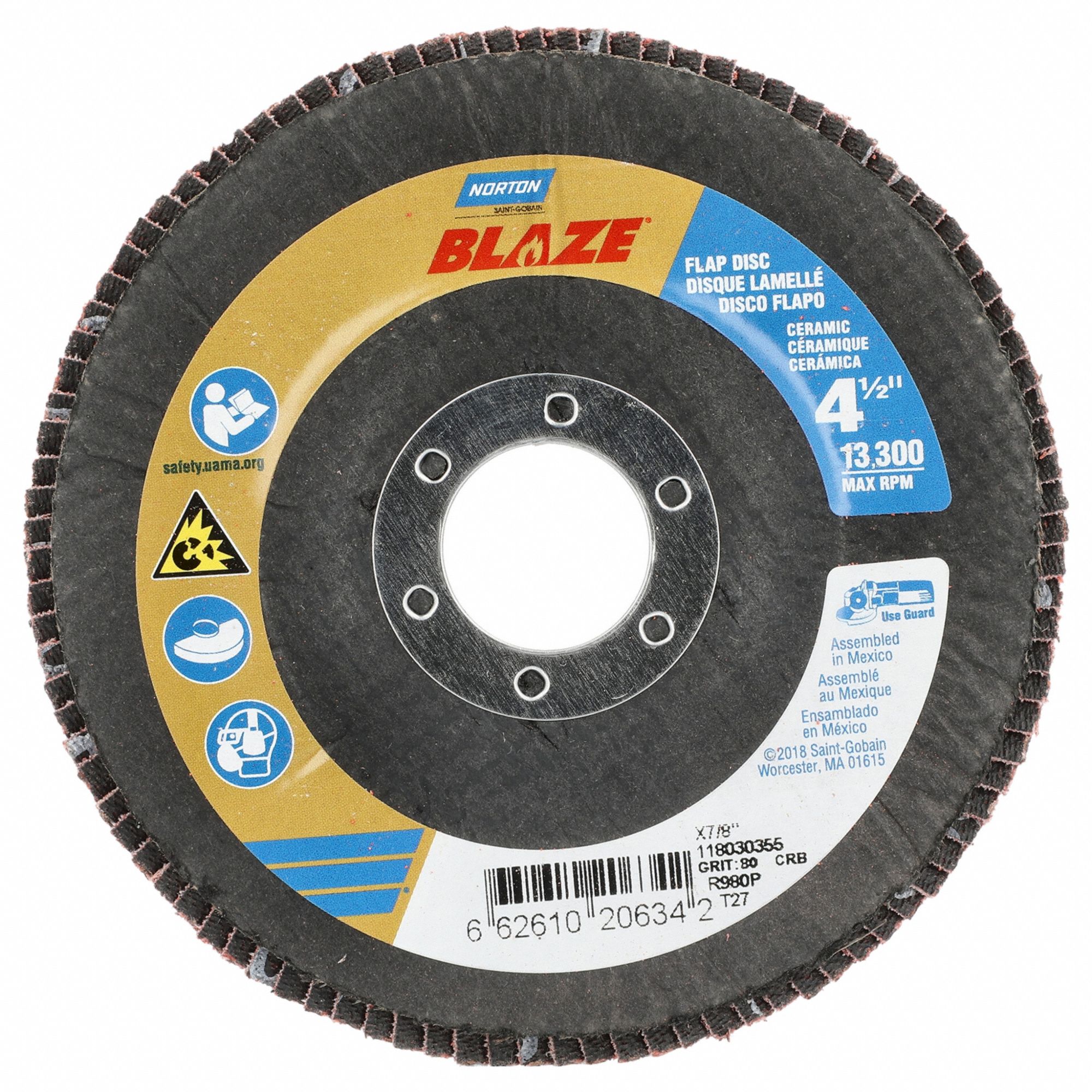 FLAP DISC, TYPE 27, 4½ IN X ⅞ IN, CERAMIC, 80 GRIT, FIBREGLASS BACKING, HIGH DENSITY, BLAZE R980P