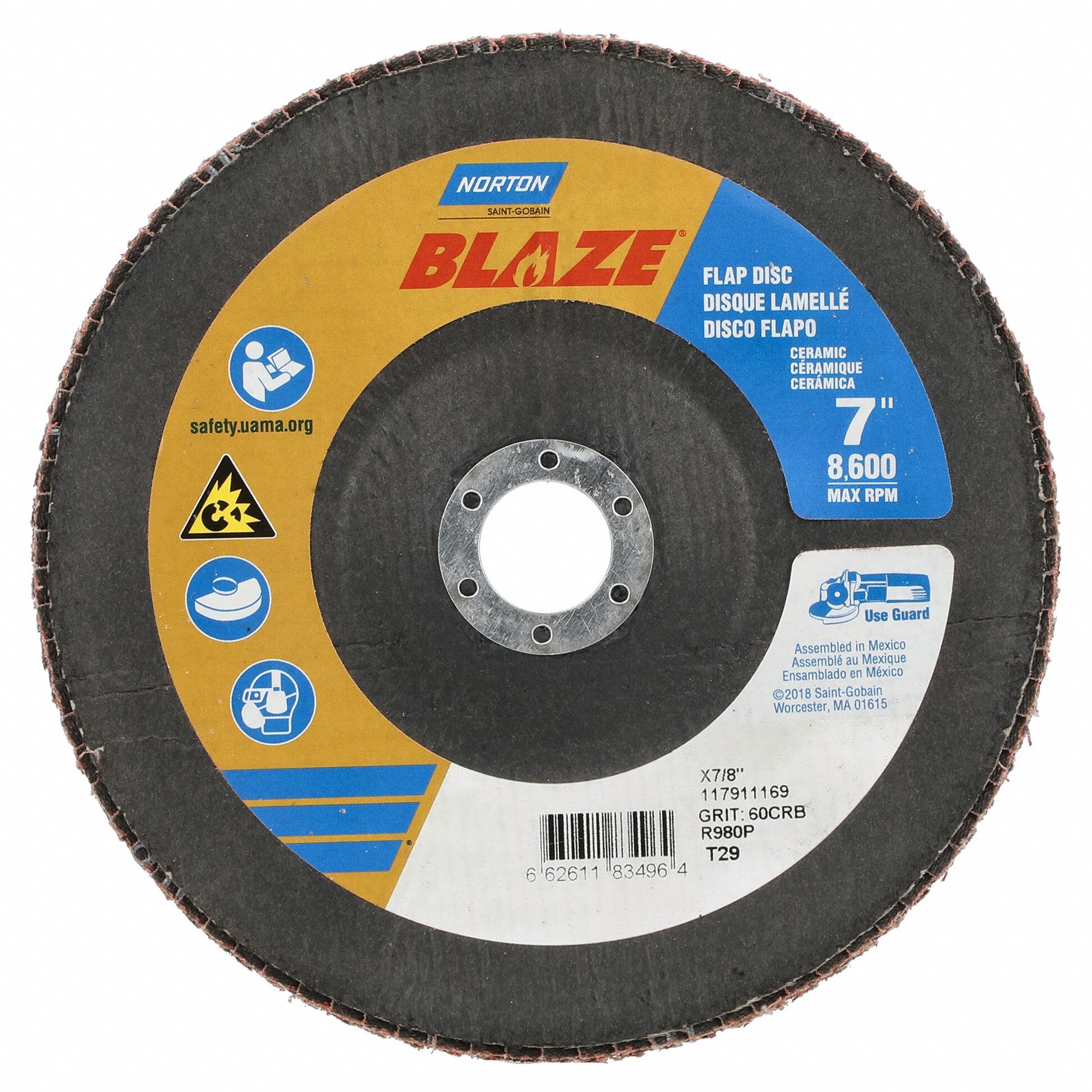 Flap Disc: Type 29, 7" x 7/8", Ceramic, 60 Grit, Fiberglass Bk, Std Density, Blaze R980P