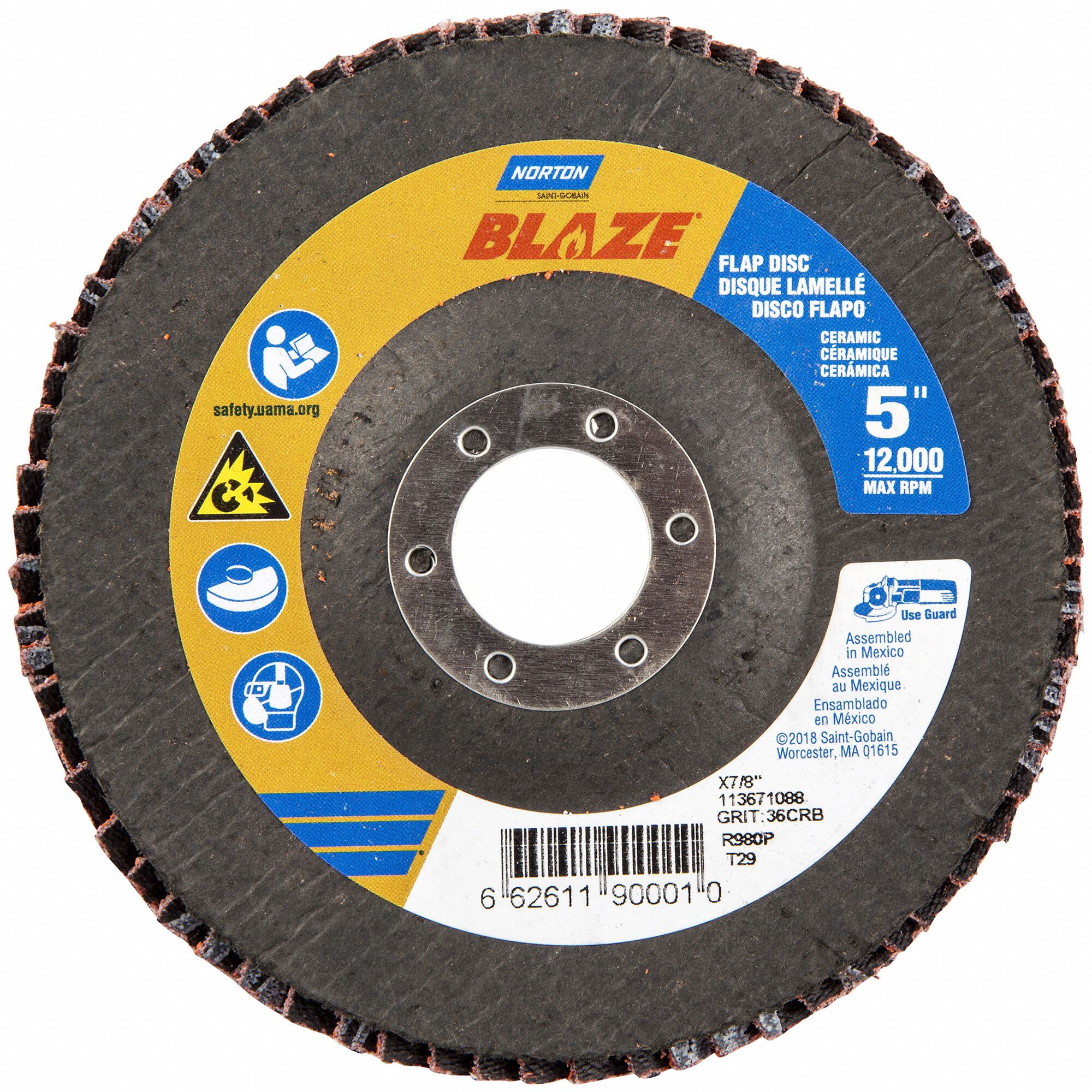 Flap Disc: Type 29, 5" x 7/8", Ceramic, 36 Grit, Fiberglass Bk, Std Density, Blaze R980P