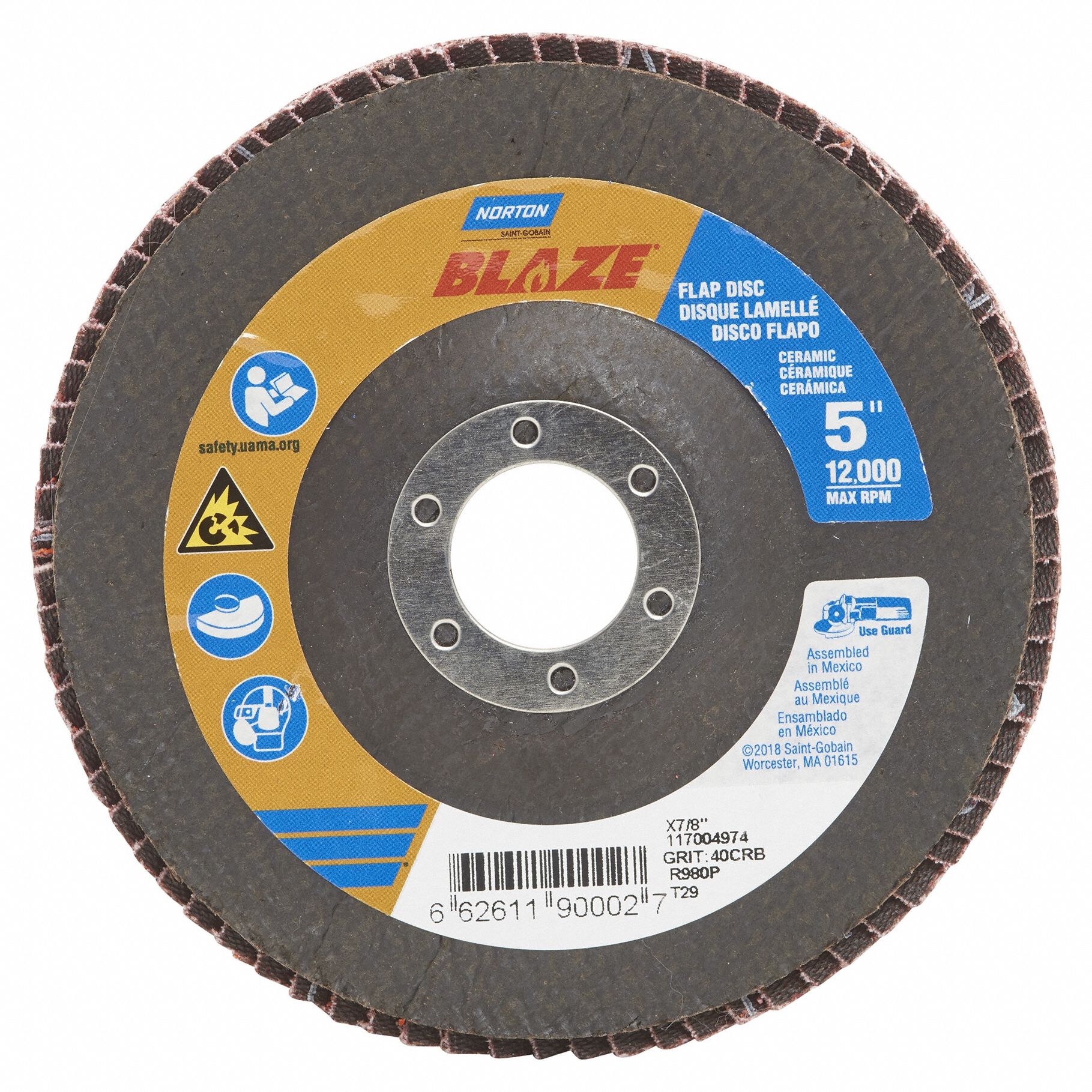 Flap Disc: Type 29, 5" x 7/8", Ceramic, 40 Grit, Fiberglass Bk, Std Density, Blaze R980P