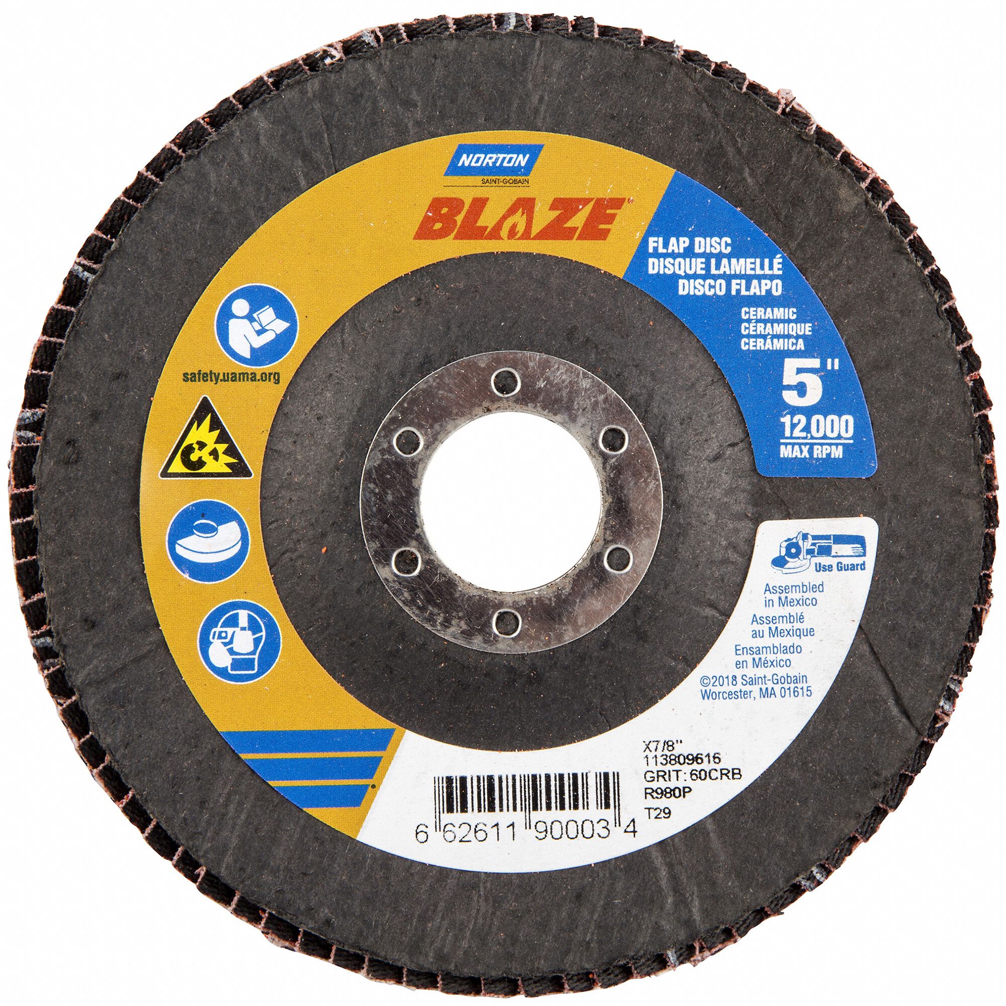 Flap Disc: Type 29, 5" x 7/8", Ceramic, 60 Grit, Fiberglass Bk, Std Density, Blaze R980P