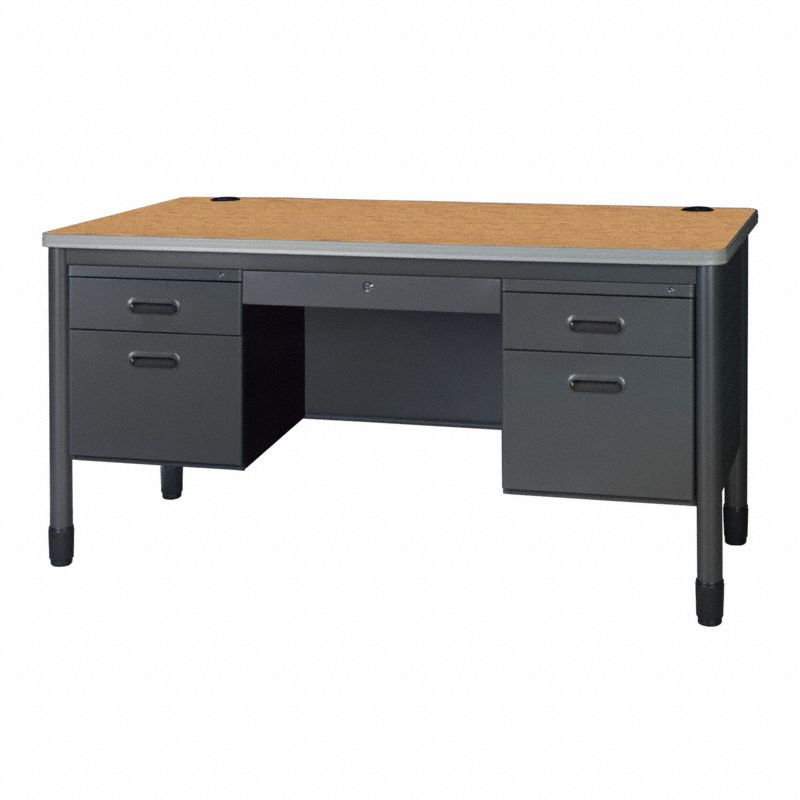 Double Pedestal Desk: Laminate, Oak, 2 Pedestals, 7 Drawers, 60 in Overall Wd, Configurable