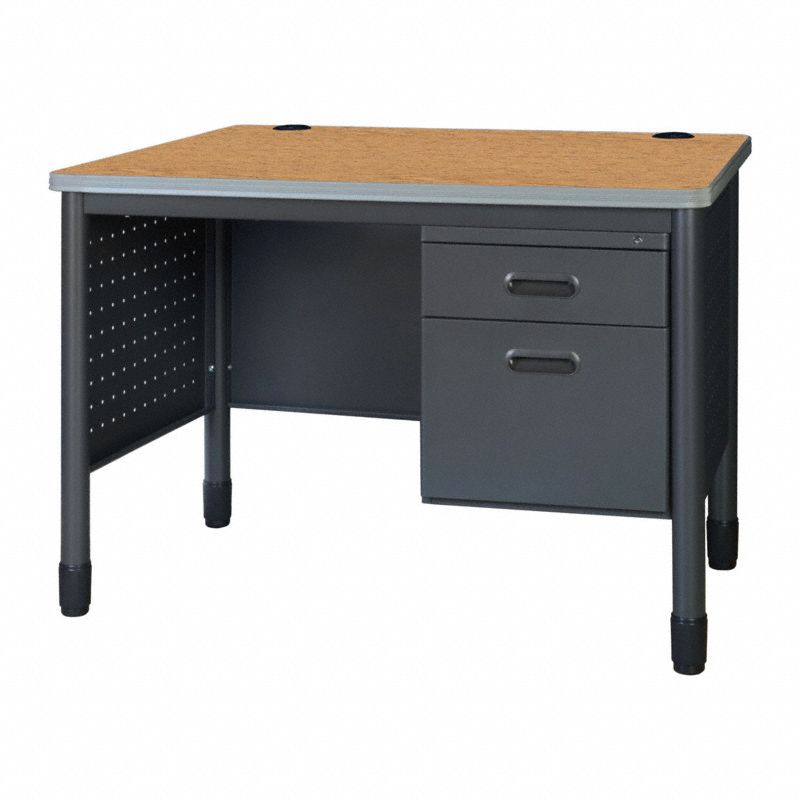 Single Pedestal Desk: Laminate, Oak, 1 Pedestals, 2 Drawers, 48 in Overall Wd, Configurable