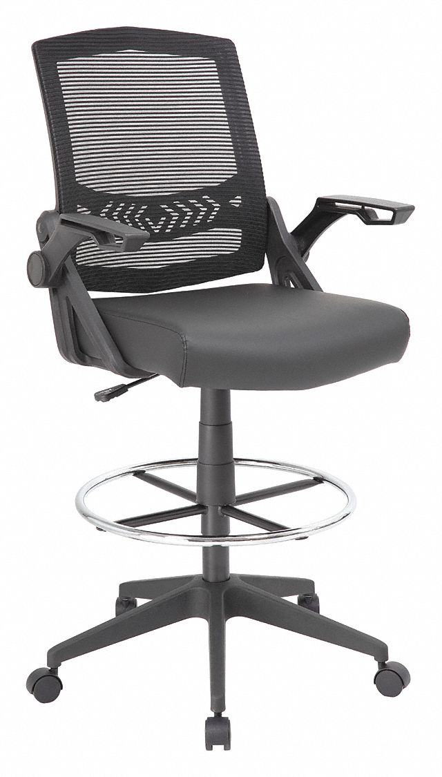 Drafting Chair: Black, Vinyl & Mesh Material, Adj Arms Arm, 18 in Seat Wd, 19 1/2 in Seat Dp