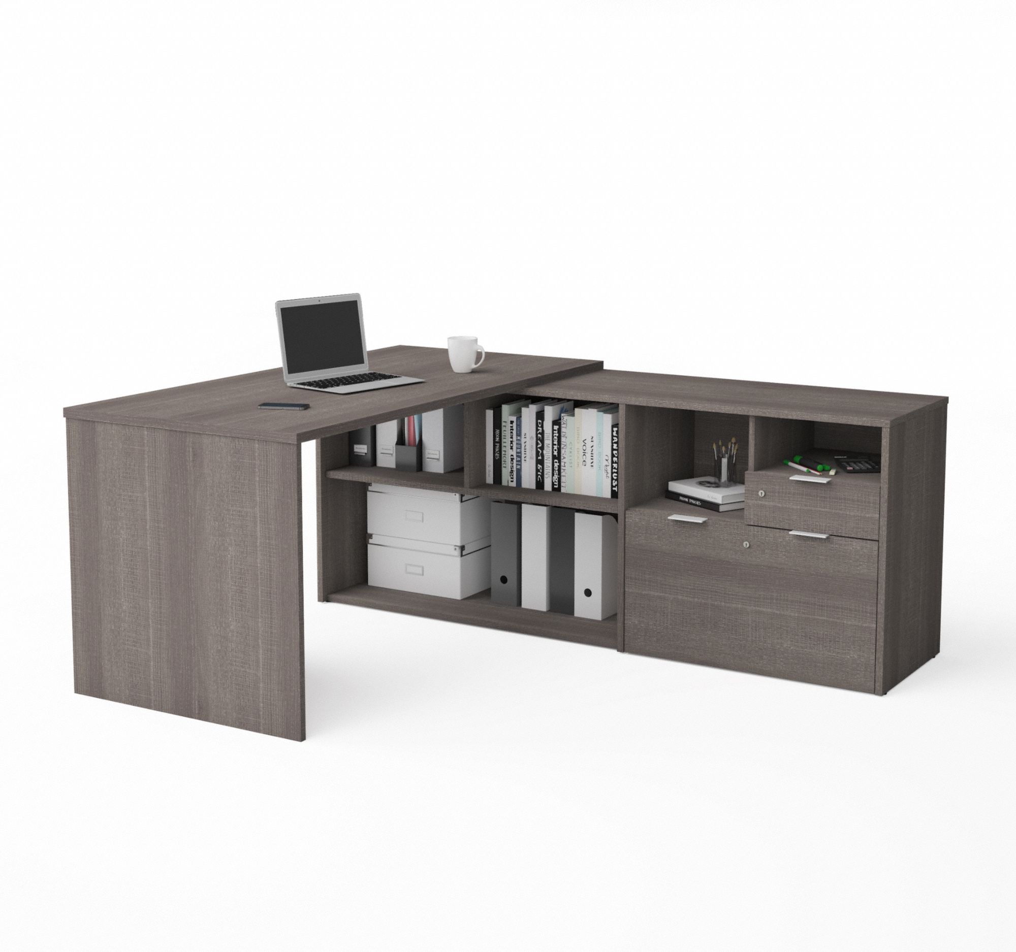 L-Shaped Office Desk: Bark Grey, 71 1/8 in Overall Wd, 59 1/4 in Overall Dp, Bark Grey