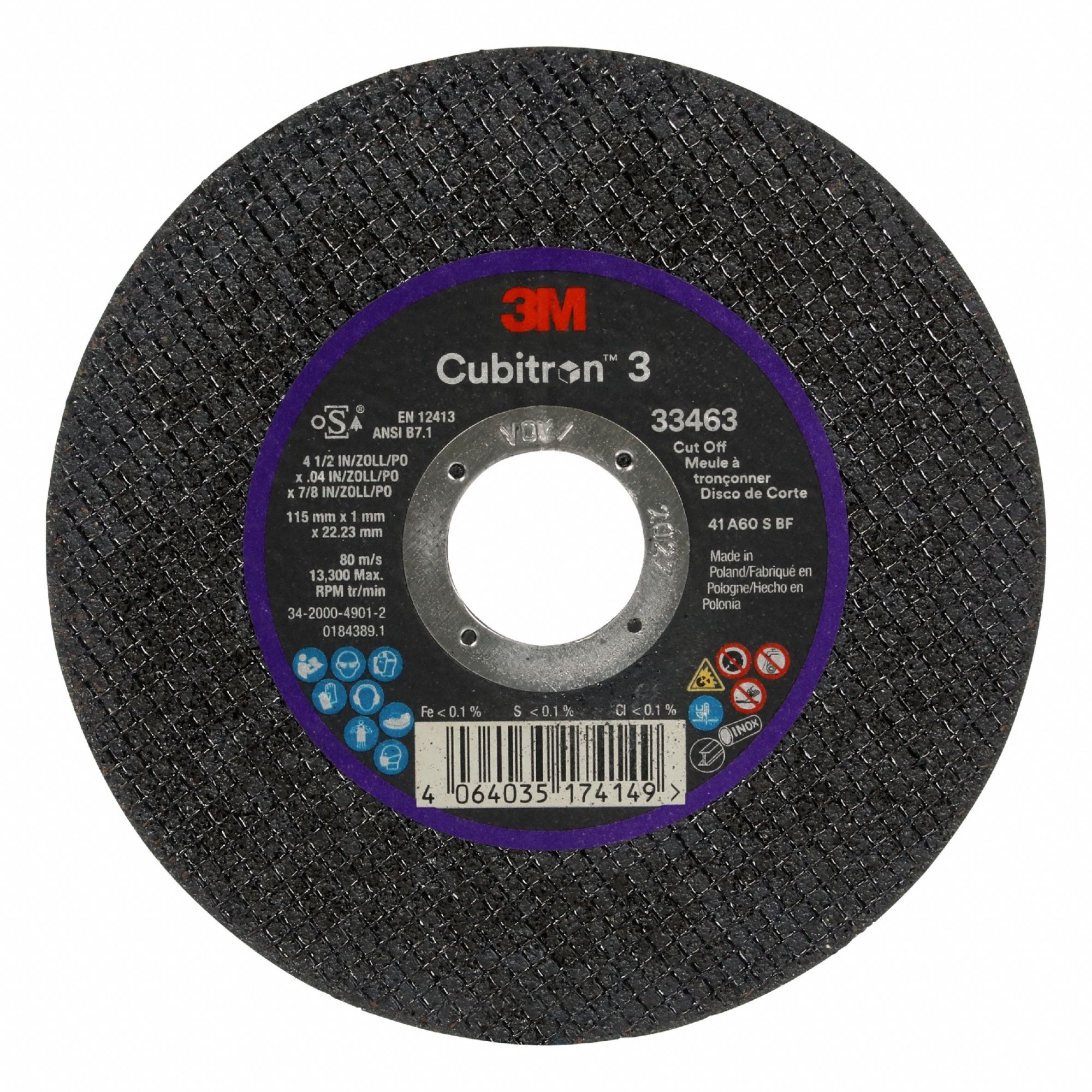 Cut-Off Wheel: Type 1, 4 5/8 in x 0.04 in x 7/8 in, Ceramic, Cubitron 3, 5 PK