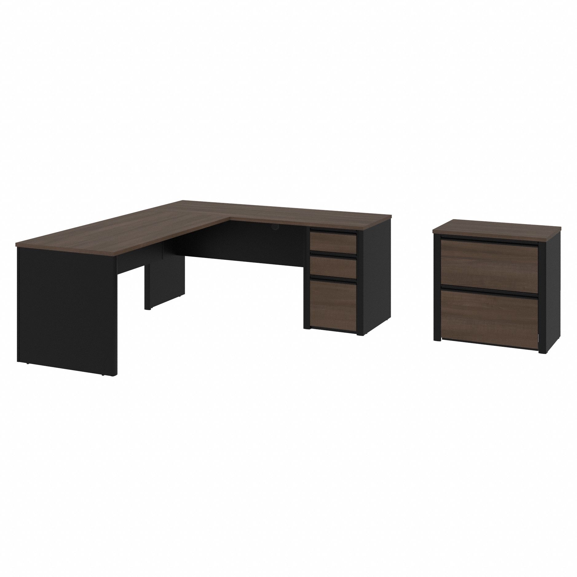 L-Shaped Office Desk: Antigua/Black, 82 3/4 in Overall Wd, 71 1/8 in Overall Dp