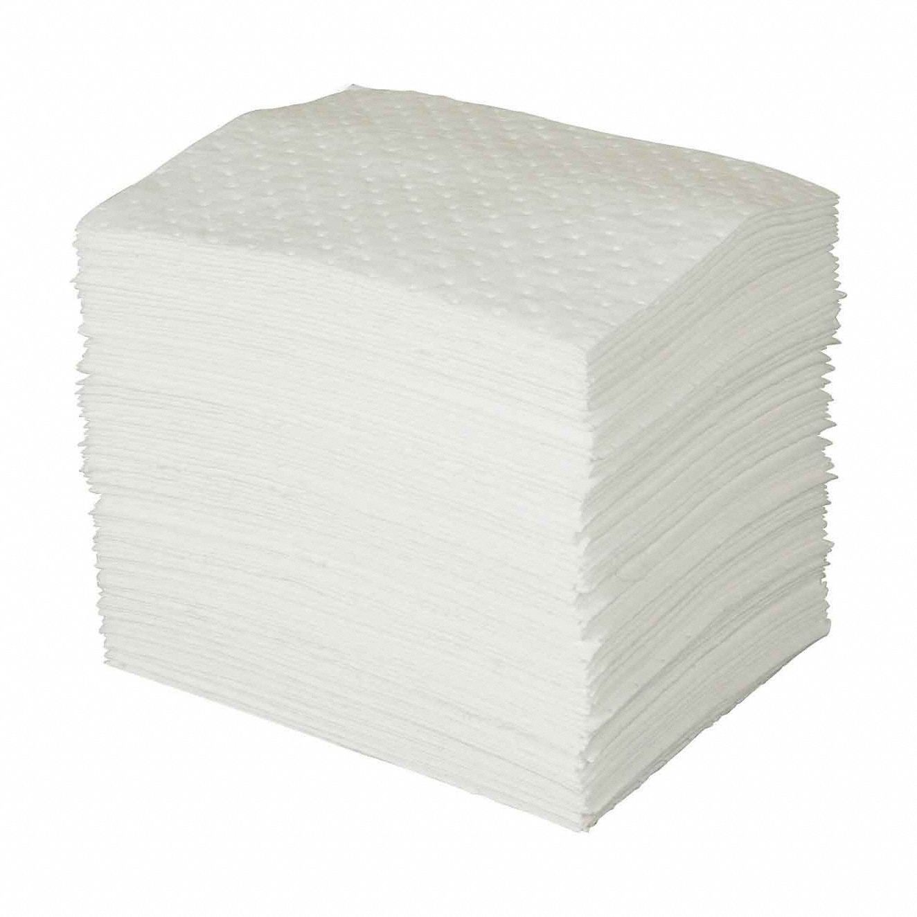 Sorbent Pad: 64 oz Volume Absorbed Per Pad, Polypropylene, White, Box, 100 PK