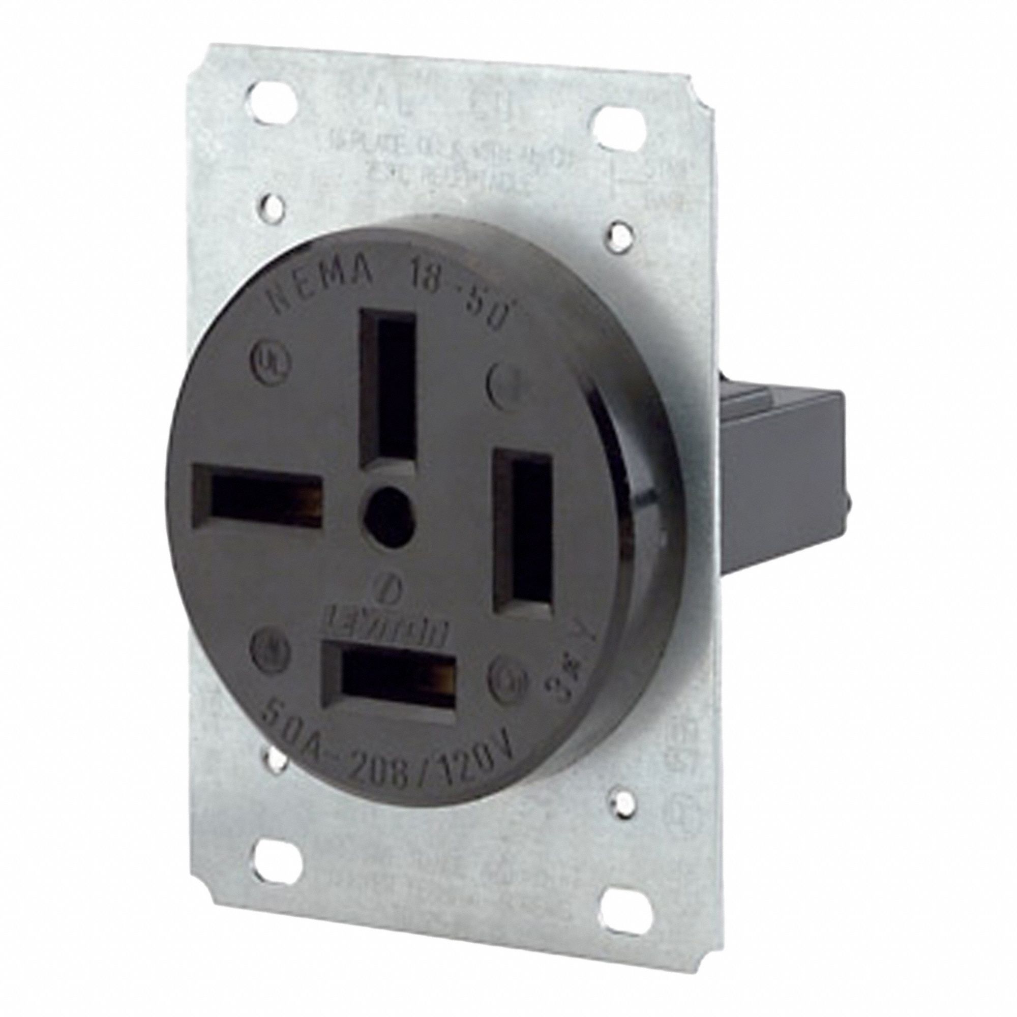 Straight Blade Receptacle: Single, 18-50R, 120/208V AC, 50 A, Black, 4 Pole / 4 Wire