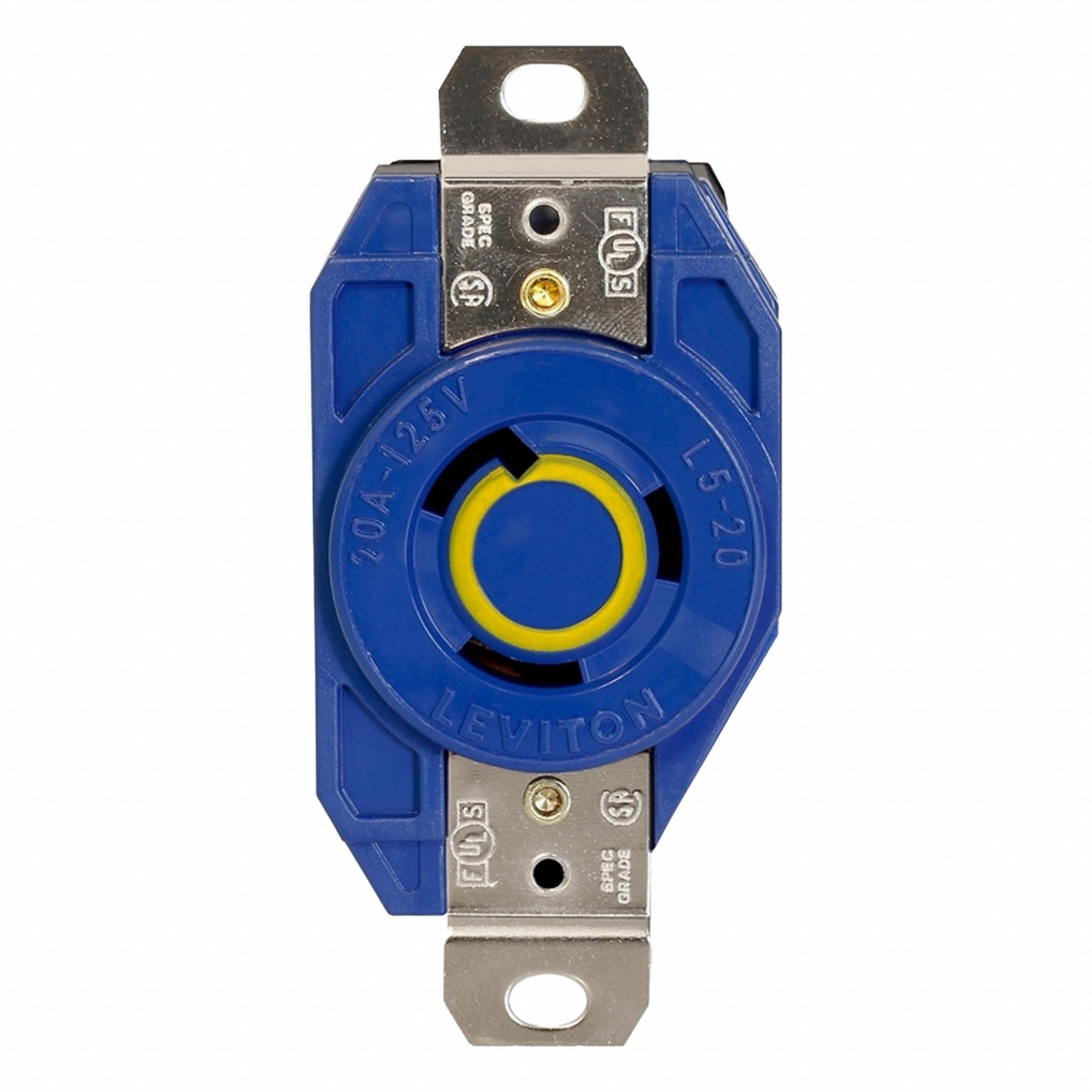 Flush Mounting Lock Receptacle: L5-20R, 20 A, 125V AC, Blue, 2 Poles, Shrouded