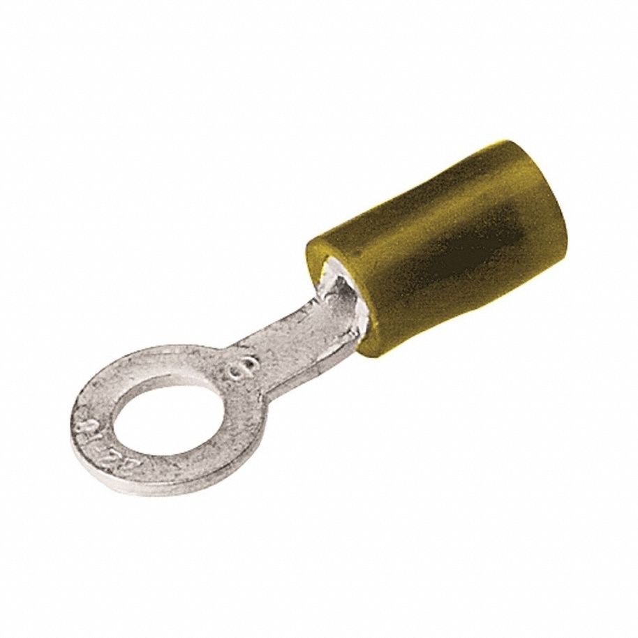 BURNDY Nylon Ring Terminal For 12 - 10 AWG: Yellow, Nylon Insulation, #12/1/4 in Stud Size, 600 V (MPN TN1014). Key specifications — attr1308027: BURNDY; attr1356587: Funnel Entry.