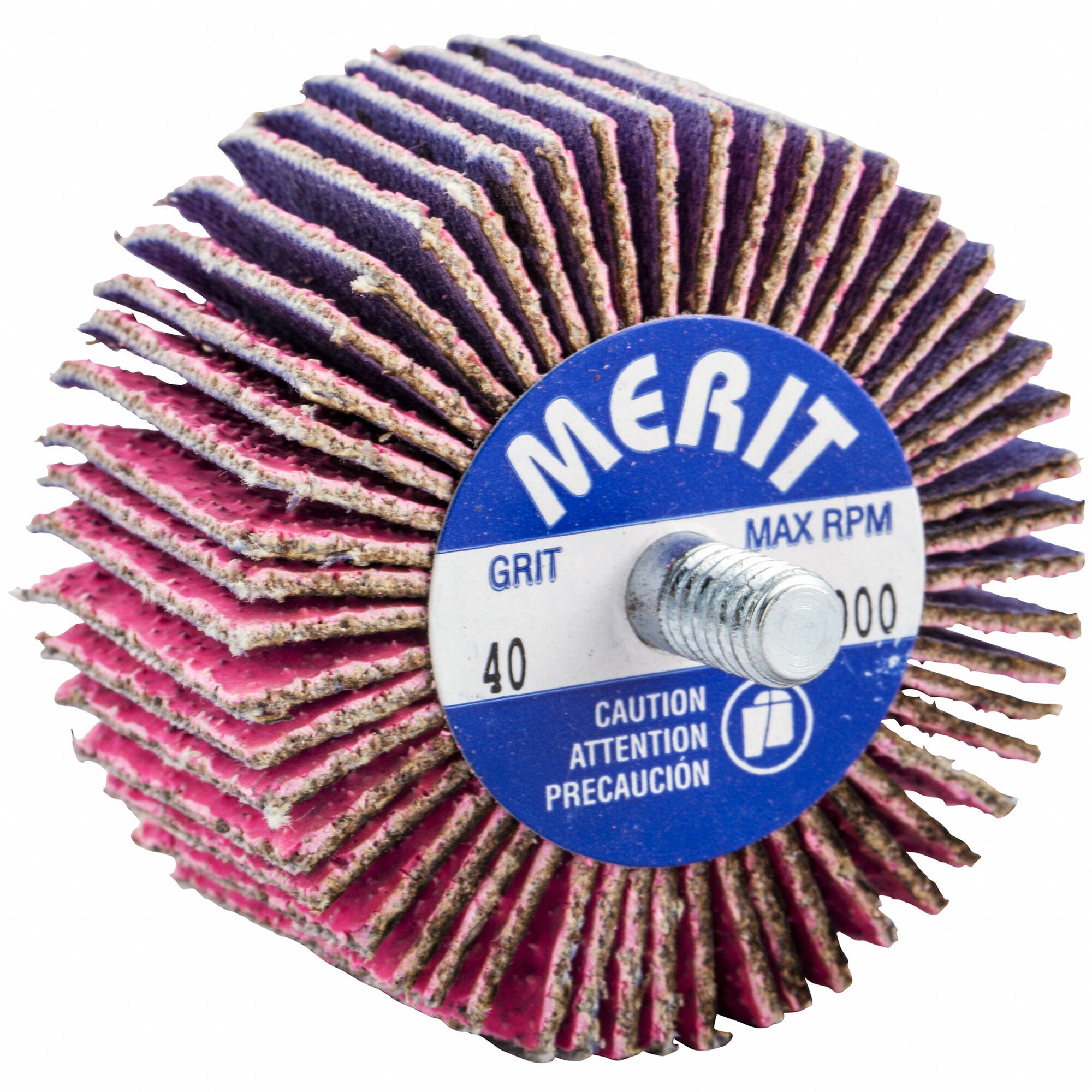 Flap Wheel: 2 in Dia x 1 in W, 1/4"-20 Threaded-Shank, Ceramic, P40 Grit, Pink R928