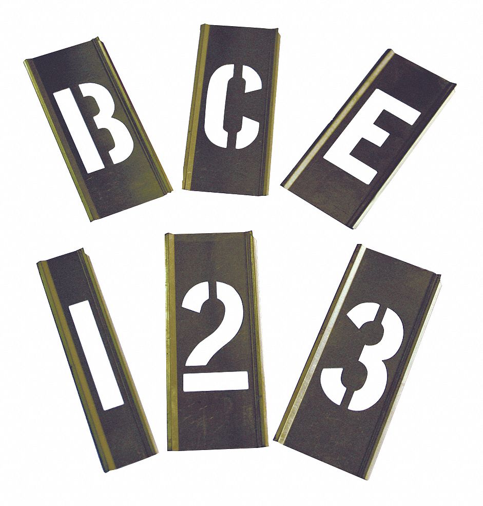 Stencil Set: 2 in Character Ht, 1 1/2 in Character Wd, Brass