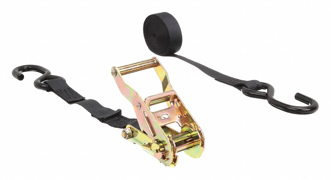 TIE DOWN STRAP, RATCHET, S-HOOK, GEN PURPOSE, 1 IN W, 700 LB WLL, BLACK, 15 FT L, COATED ENDS