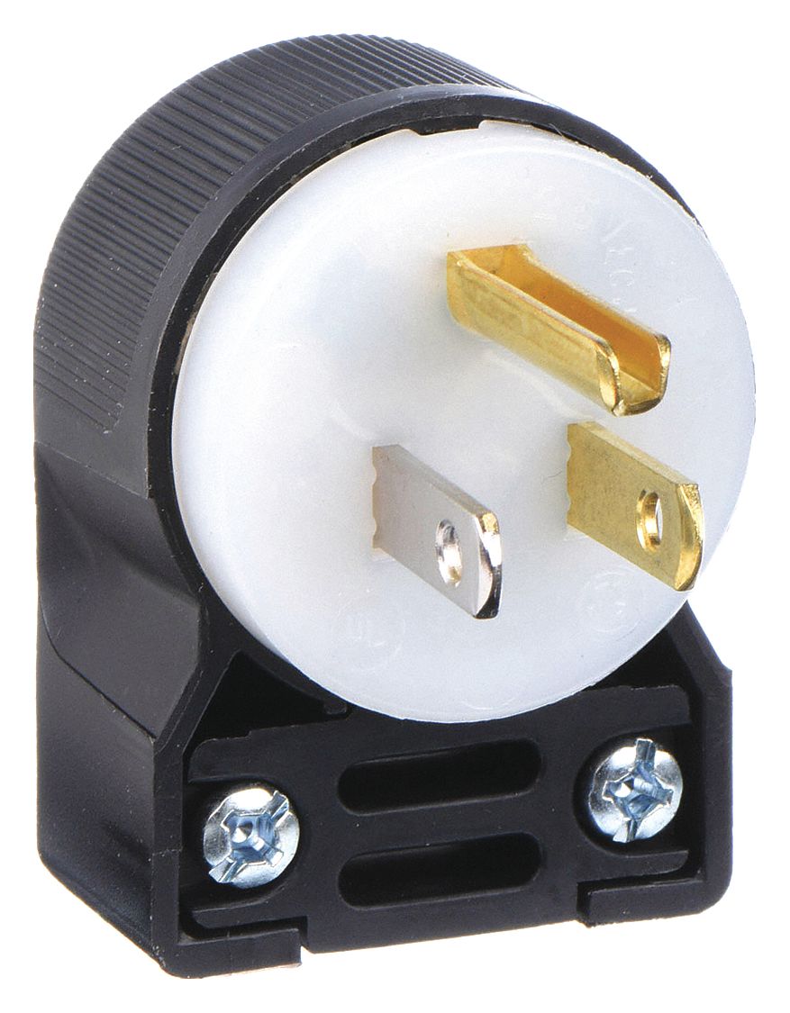 ANGLE STRAIGHT BLADE PLUG, 5-15P, 15 A, 125V AC, BLACK/WHITE, 2 POLES