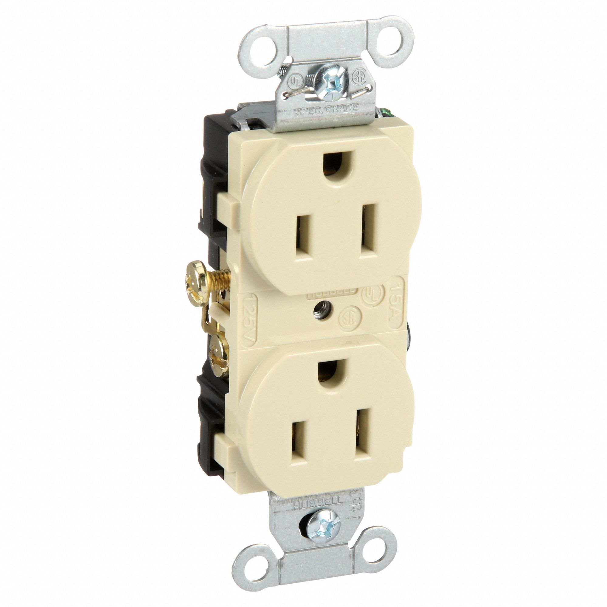 RECEPTACLE, DUPLEX, IVORY, 5-15R, 15 A, 125V AC, 2 POLE/3 WIRE, SCREW TERMINALS