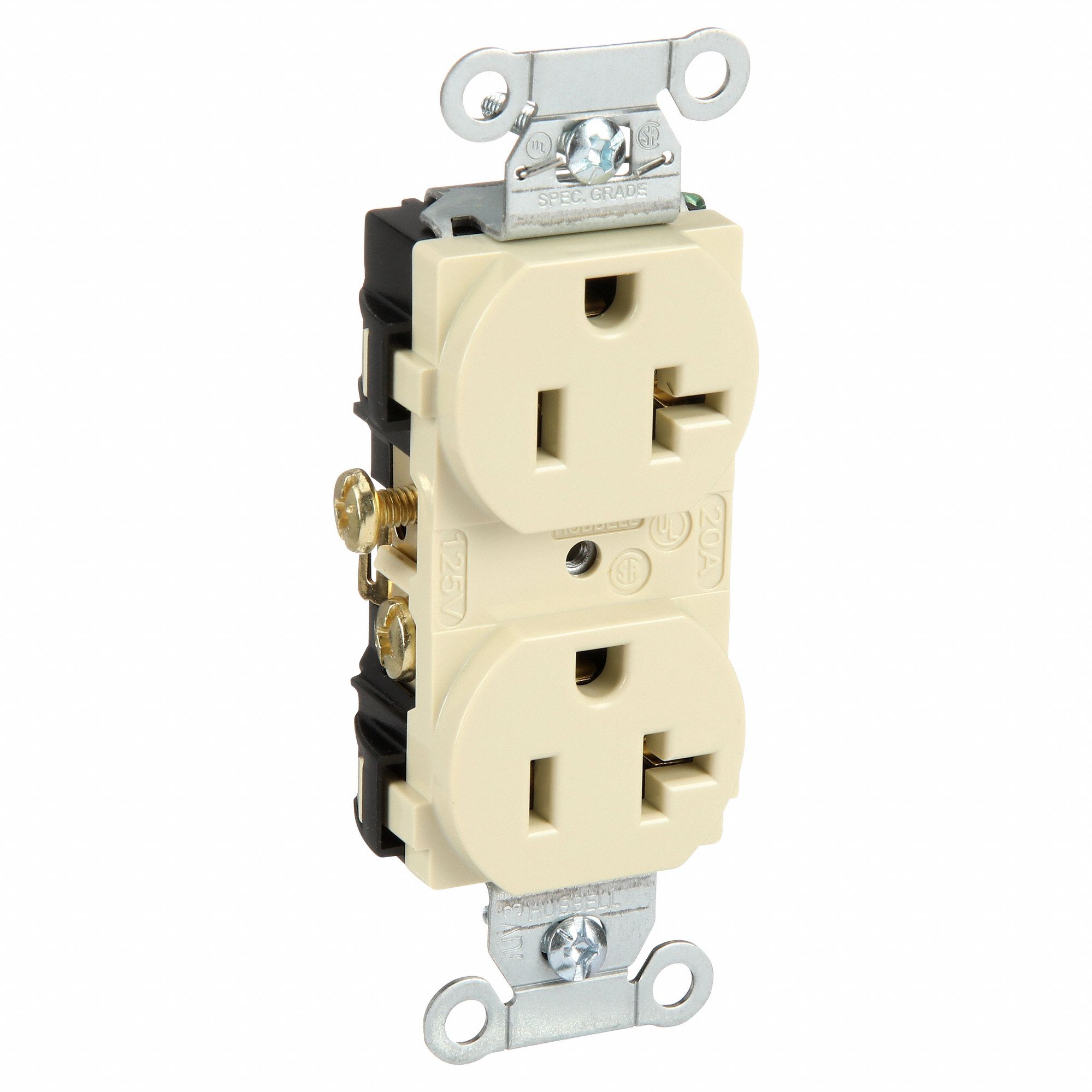 RECEPTACLE, DUPLEX, IVORY, 5-20R, 20 A, 125V AC, 2 POLE/3 WIRE, SCREW TERMINALS