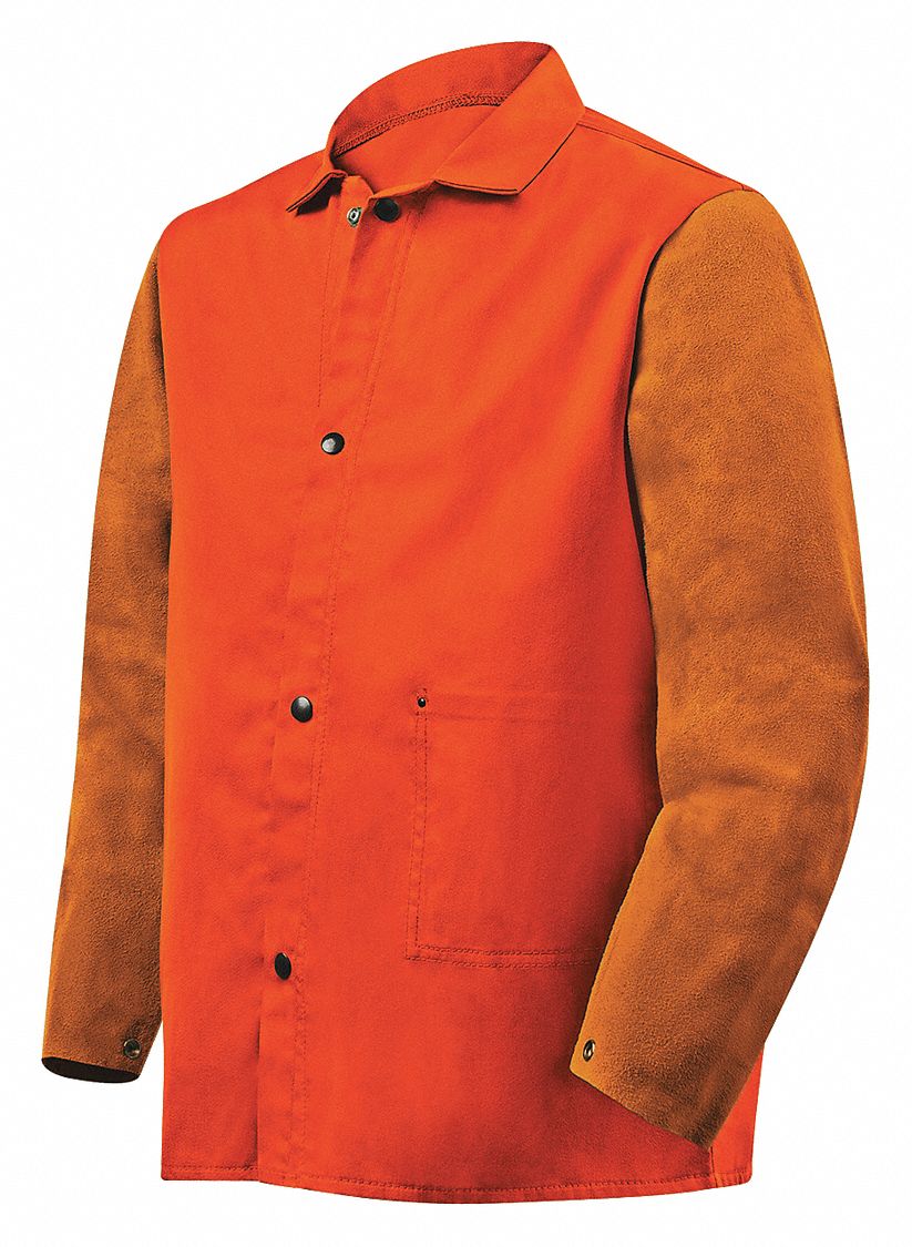 MEN'S WELDING JACKET, COTTON/COWHIDE SLEEVES 9 OZ, ORANGE SNAPS, 2 POCKETS, L