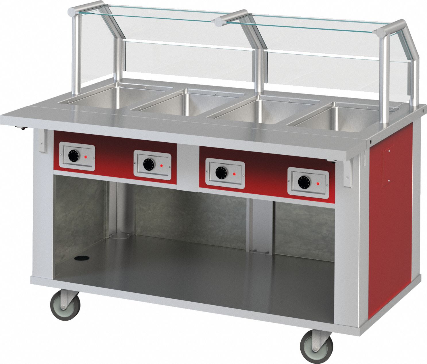 Food Table: 36 in Overall Ht, Stainless Steel, 4 Compartments/Wells, 63 in Overall Lg