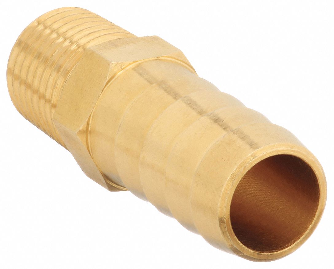 BARBED HOSE FITTING, FOR ⅜ IN HOSE ID, HOSE BARB X NPT, MALE X MALE, HEX, BRASS