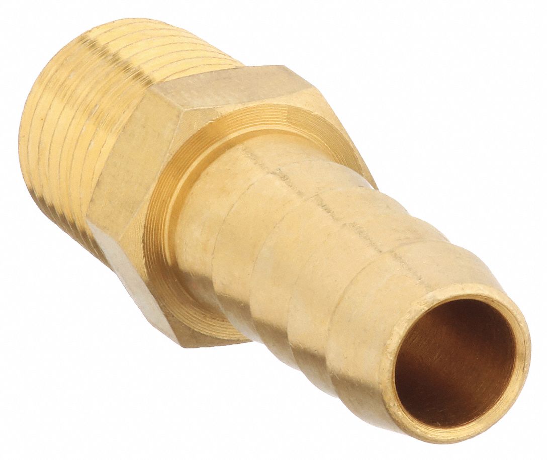 BARBED HOSE FITTING, FOR ⅜ IN HOSE ID, HOSE BARB X NPT, MALE X MALE, HEX, BRASS