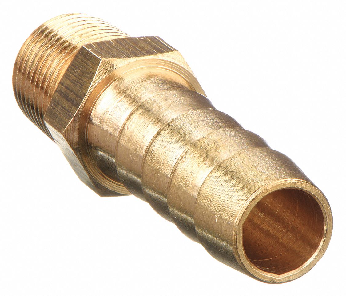 BARBED HOSE FITTING, FOR 5/16 IN HOSE ID, HOSE BARB X NPT, 5/16 X ¼ IN FITTING, BRASS