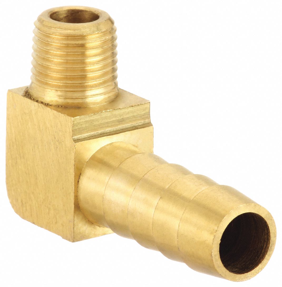 BARBED HOSE FITTING, FOR ⅜ IN HOSE ID, HOSE BARB X NPT, ⅜ X ⅛ IN FITTING, 90 ° , BRASS