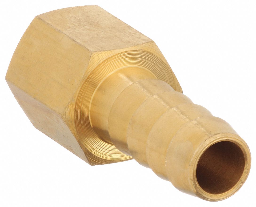 BARBED HOSE FITTING, FOR ⅜ IN HOSE ID, HOSE BARB X NPT, MALE X FEMALE, HEX, BRASS