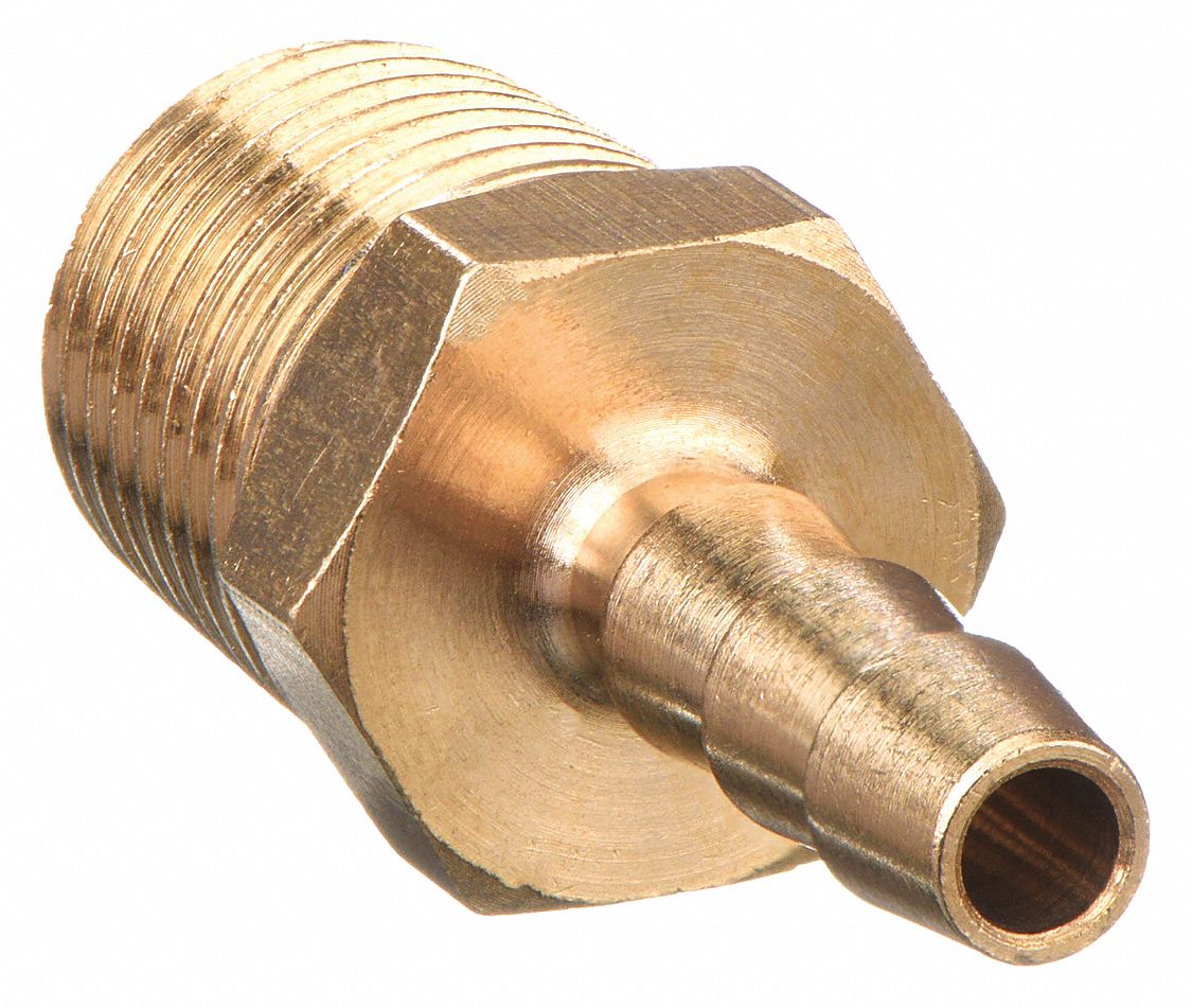 BARBED HOSE FITTING, FOR 5/16 IN HOSE ID, HOSE BARB X NPT, MALE X MALE, HEX, BRASS
