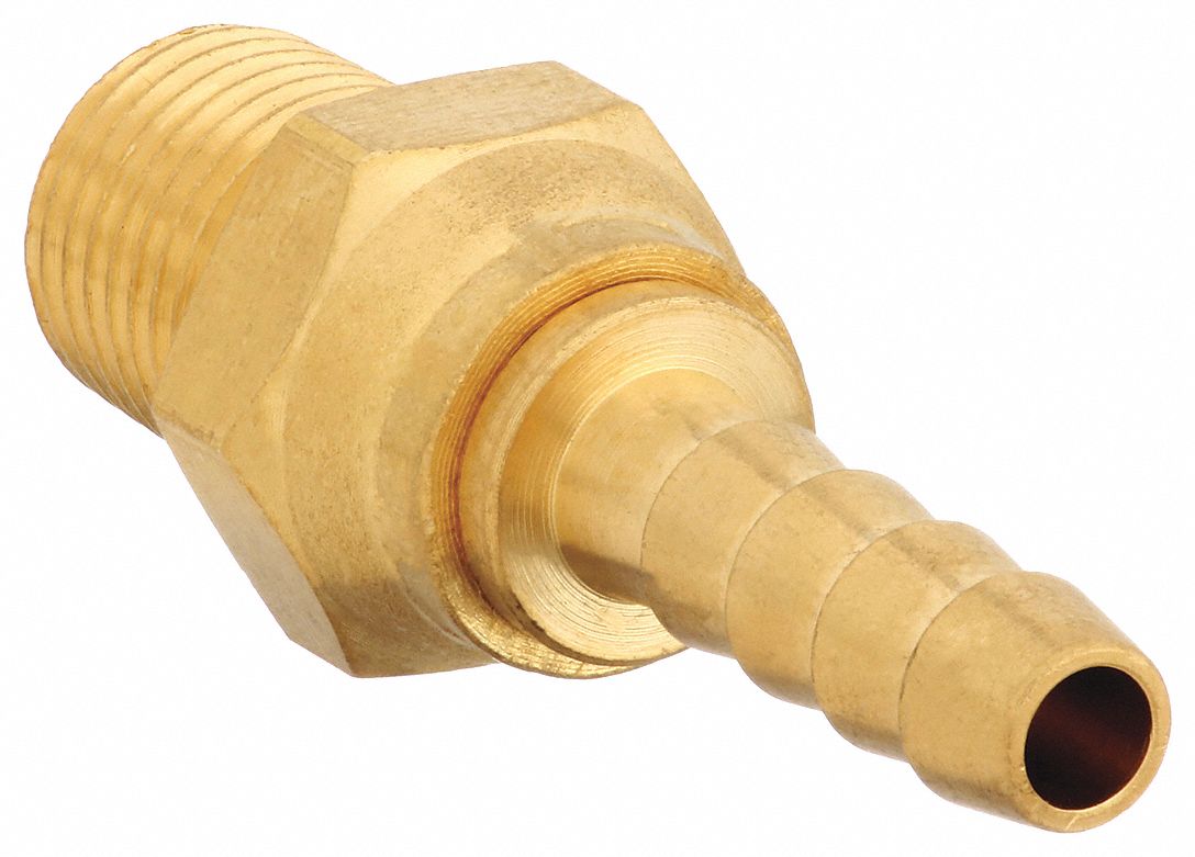 BARBED HOSE FITTING, FOR ¼ IN HOSE ID, HOSE BARB X NPT, MALE X MALE, HEX, BRASS