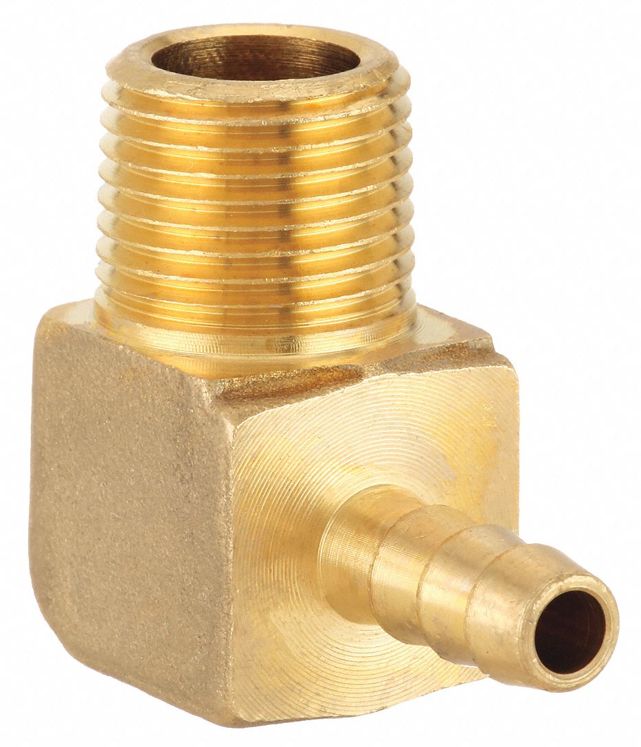 BARBED HOSE FITTING, FOR ¼ IN HOSE ID, HOSE BARB X NPT, MALE X MALE, NO KNURL, BRASS