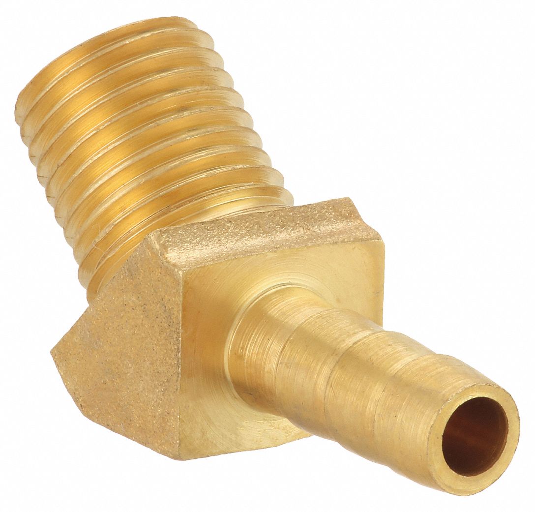 BARBED HOSE FITTING, FOR ¼ IN HOSE ID, HOSE BARB X NPT, MALE X MALE, NO KNURL, BRASS