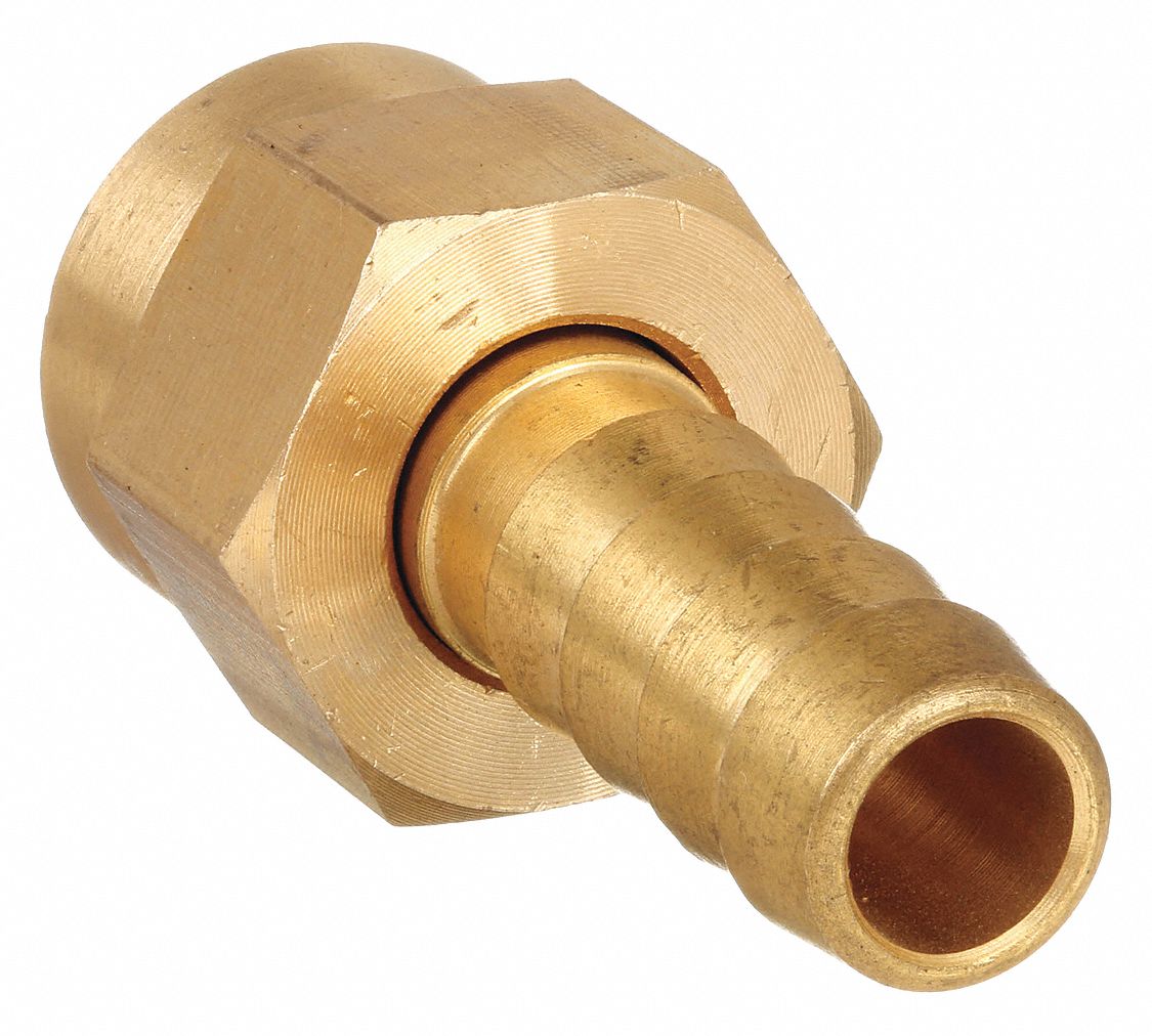 BARBED HOSE FITTING, FOR ⅜ IN HOSE ID, HOSE BARB X UNF, MALE X FEMALE, HEX, BRASS