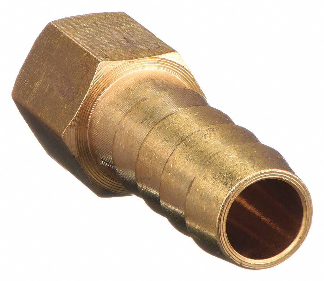 BARBED HOSE FITTING, FOR ⅜ IN HOSE ID, HOSE BARB X NPT, MALE X FEMALE, HEX, BRASS
