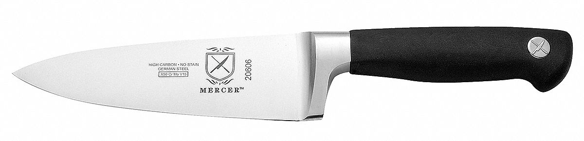 Chef Knife: Taper Ground Edge, 6 in Overall Lg, Steel Blade, Santoprene Handle, Black